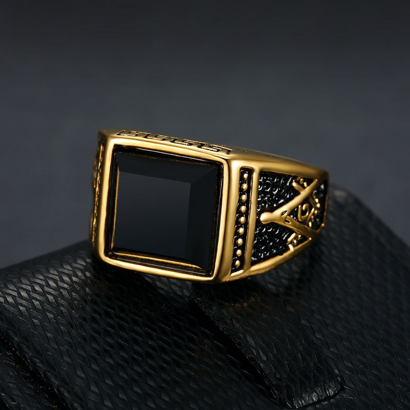 Planderful Freemason Ring for Men Premium Titanium Steel Gold Plated Black Agate Classic Retro Style
