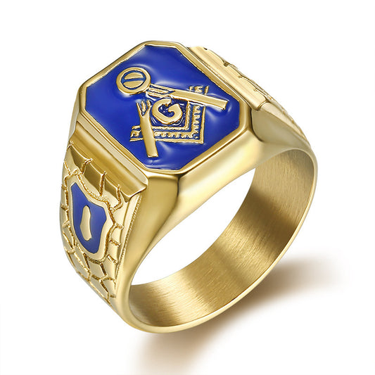 Planderful Hip Hop Ring For Men Durable Titanium Steel Gold Plated Blue Glue Freemason AG Everyday Genie