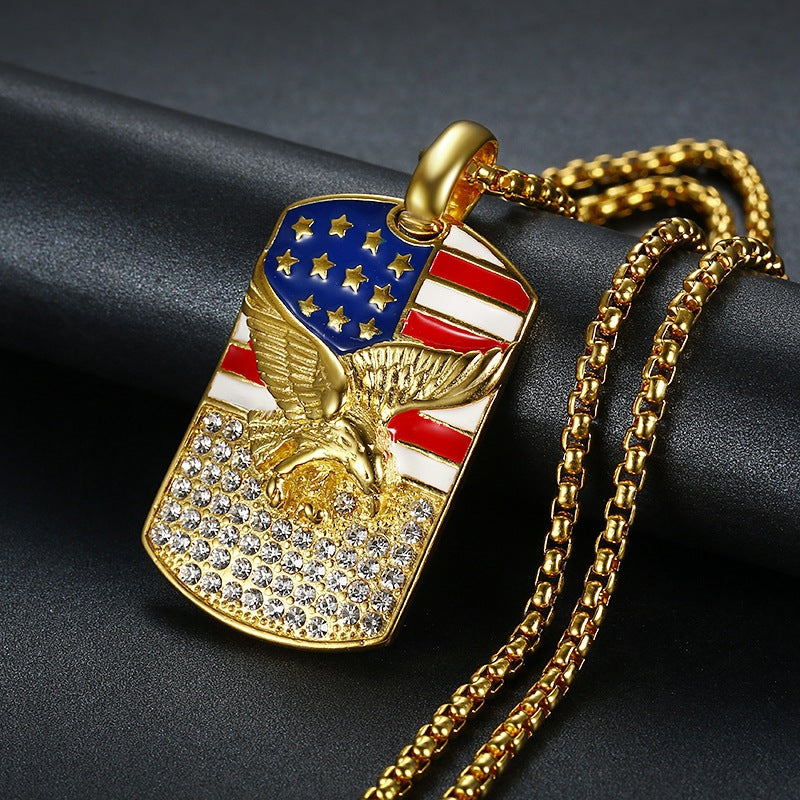 Planderful Hip Hop Necklace Titanium Steel Gold Plated Zircon Flag Eagle Pendant For Urban Streetwear Fans