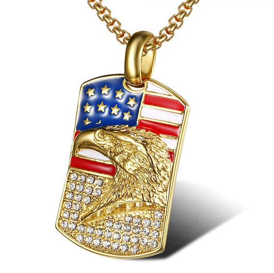 Planderful Hip Hop Pendant Necklace Titanium Steel Gold Plated Zircon Eagle Flag For Urban Fashion Lovers