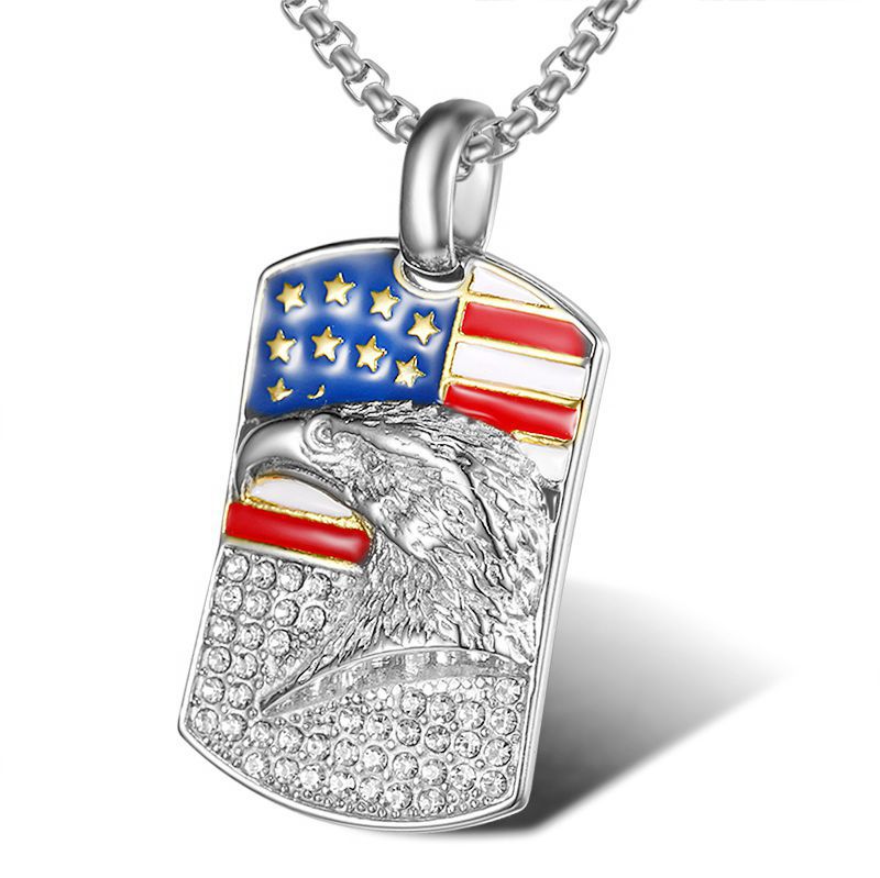 Planderful Hip Hop Pendant Necklace Titanium Steel Gold Plated Zircon Eagle Flag For Urban Fashion Lovers