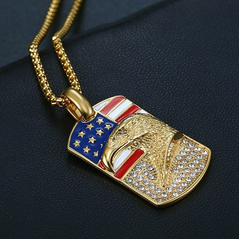 Planderful Hip Hop Pendant Necklace Titanium Steel Gold Plated Zircon Eagle Flag For Urban Fashion Lovers