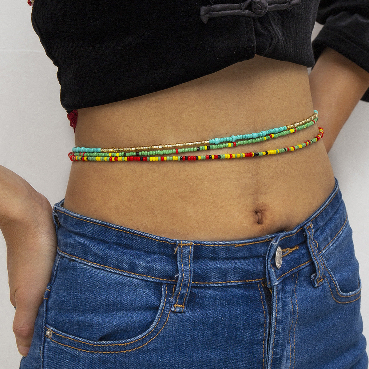 Sexy Hand-beaded Multi-layer Body Chain with Waist Contrasting Rice Bead Detail