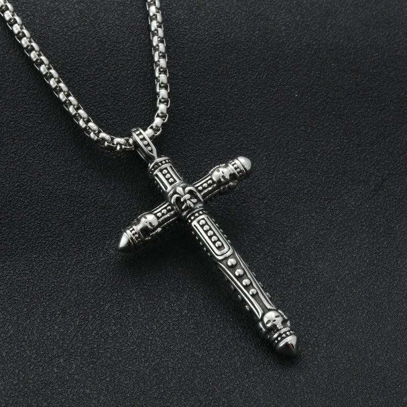 Titanium Steel Skull Cross Necklace for Men - Punk Style Engraved Pendant