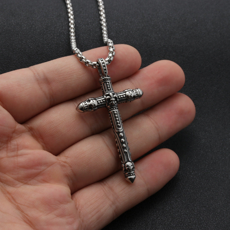 Titanium Steel Skull Cross Necklace for Men - Punk Style Engraved Pendant