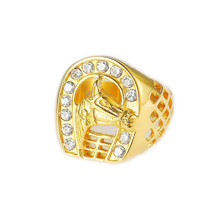 Mens Ring Planderful Titanium Steel Gold Plated Zircon Horse Head Hip Hop Urban Style