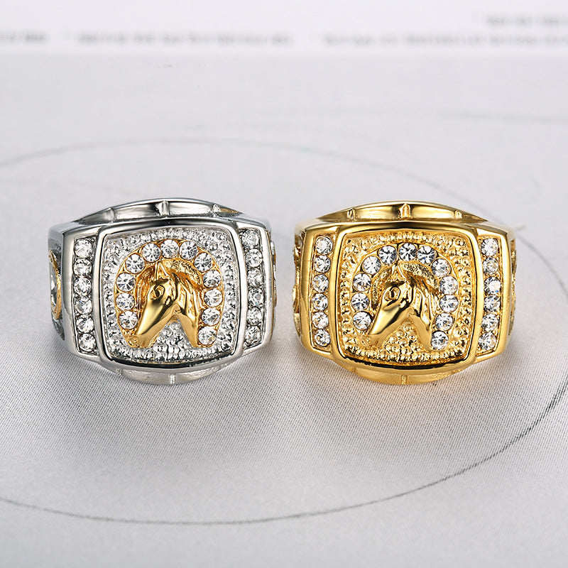 Planderful Everyday Genie Hip Hop Ring Titanium Steel Gold Plated Zircon Horse Head For Men