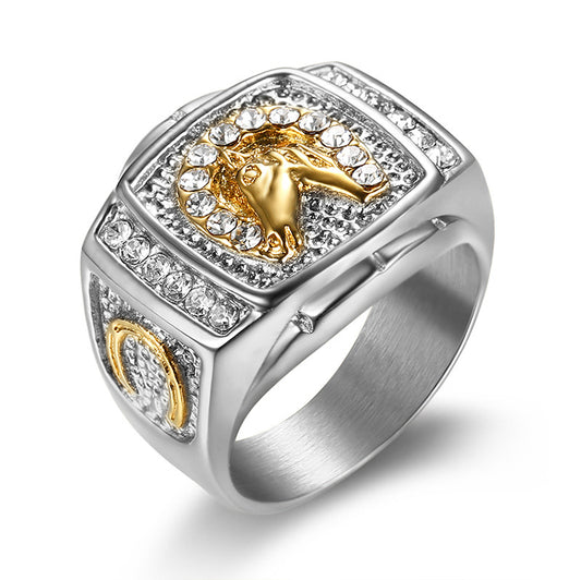 Planderful Everyday Genie Hip Hop Ring Titanium Steel Gold Plated Zircon Horse Head For Men