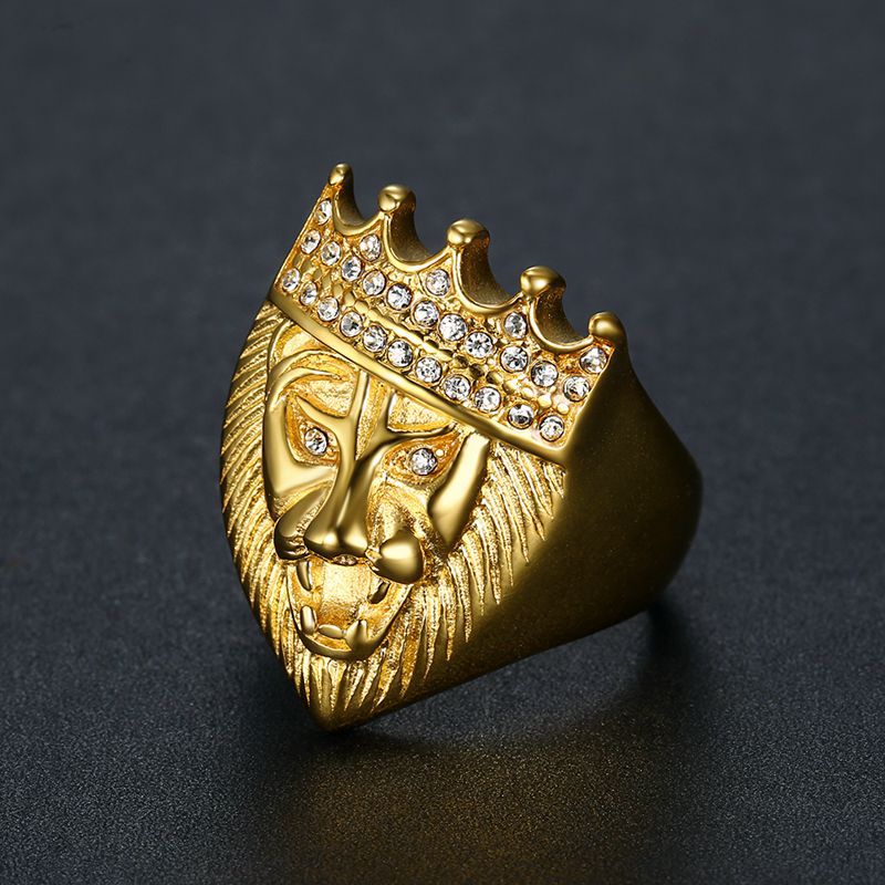 Planderful Everyday Genie Hip Hop Titanium Steel Gold Plated Zircon Crown Lion Head Ring For Men