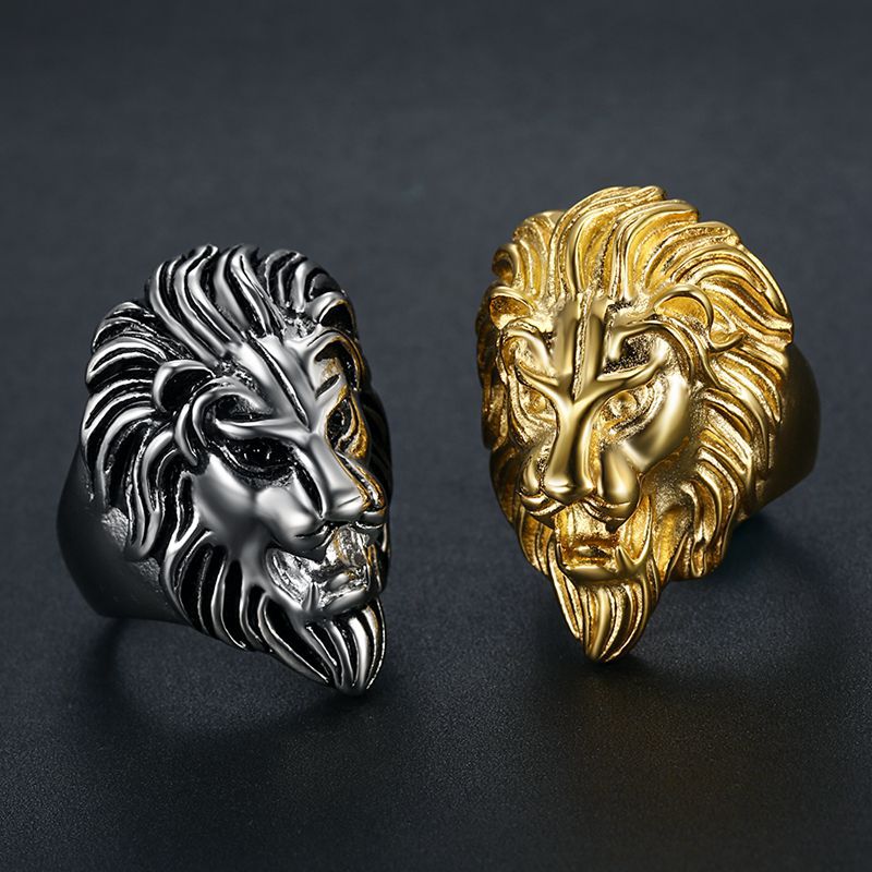 Planderful Hip Hop Ring Lion Head Gold Plated Titanium Steel Everyday Genie For Men Bold Jewelry