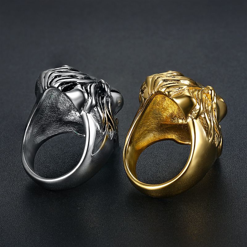Planderful Hip Hop Ring Lion Head Gold Plated Titanium Steel Everyday Genie For Men Bold Jewelry