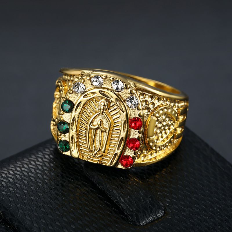 Planderful Collection Hip Hop Ring Mens Virgin Mary Titanium Steel Bold Gold Plated With Colored Zircon