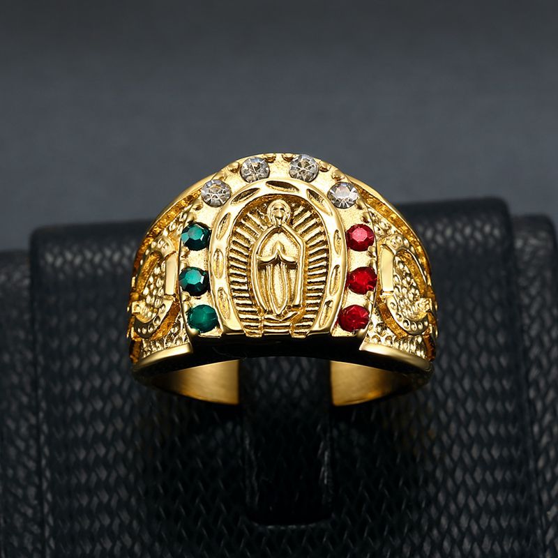 Planderful Collection Hip Hop Ring Mens Virgin Mary Titanium Steel Bold Gold Plated With Colored Zircon