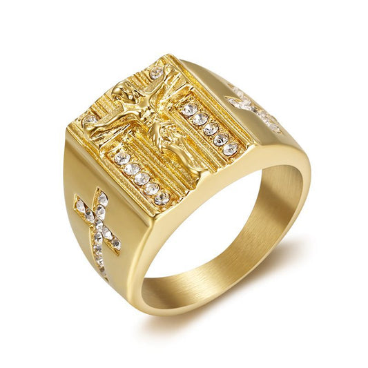 Planderful Everyday Genie Titanium Steel Hip Hop Ring For Men Gold Plated Zircon With Polished Finish