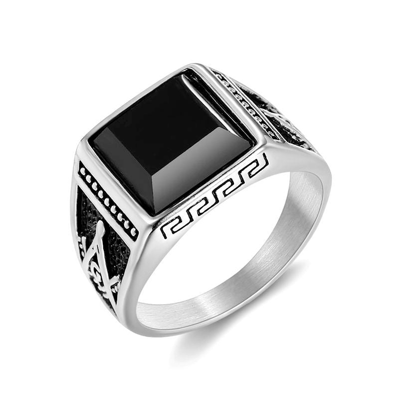 Planderful Freemason Ring for Men Premium Titanium Steel Gold Plated Black Agate Classic Retro Style