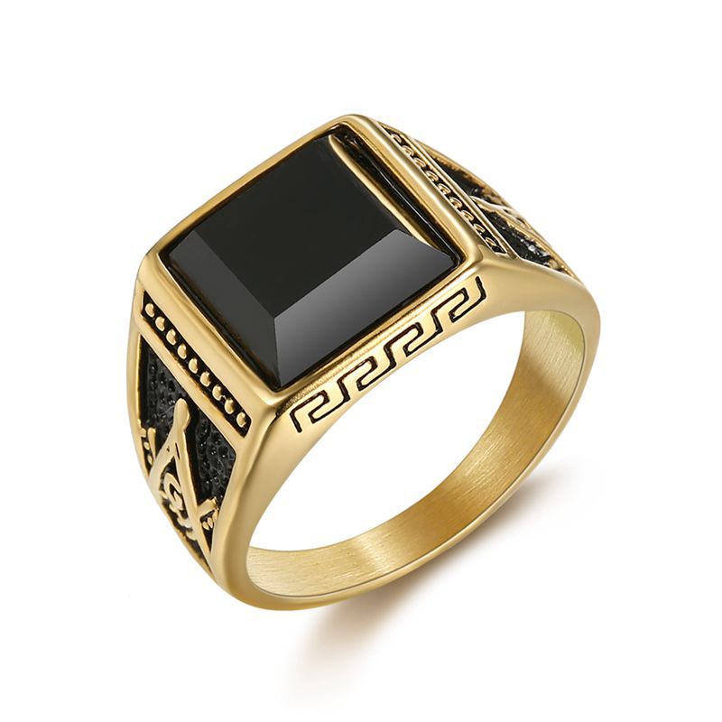 Planderful Freemason Ring for Men Premium Titanium Steel Gold Plated Black Agate Classic Retro Style