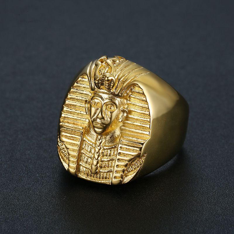 Planderful Iconic Hip Hop Ring For Men Titanium Steel Gold Plated Egyptian Pharaoh Design