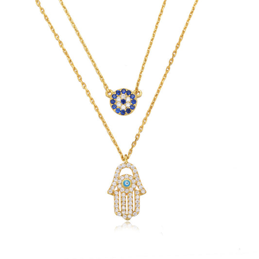 S925 Sterling Silver Shi Family Demon's Eye Hamsa Palm Double-Layer Necklace