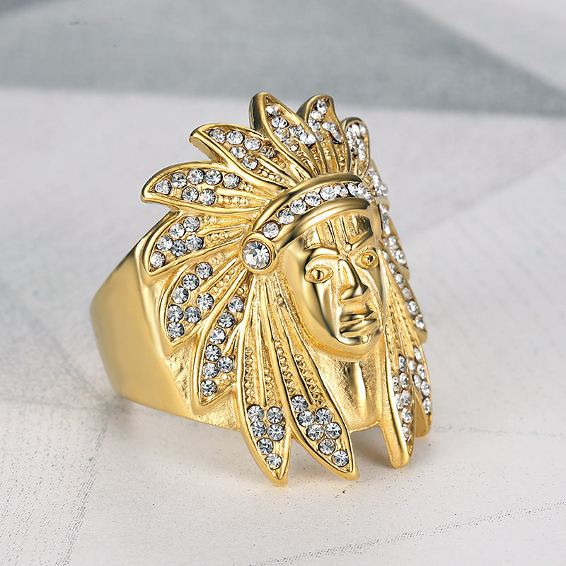 Planderful Collection Hip Hop Ring For Men Titanium Steel Gold Plated Zircon Indian Chief Bold Statement
