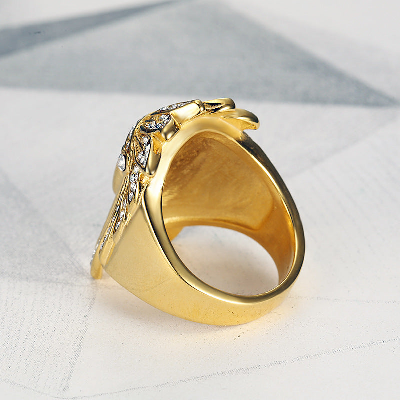Planderful Collection Hip Hop Ring For Men Titanium Steel Gold Plated Zircon Indian Chief Bold Statement