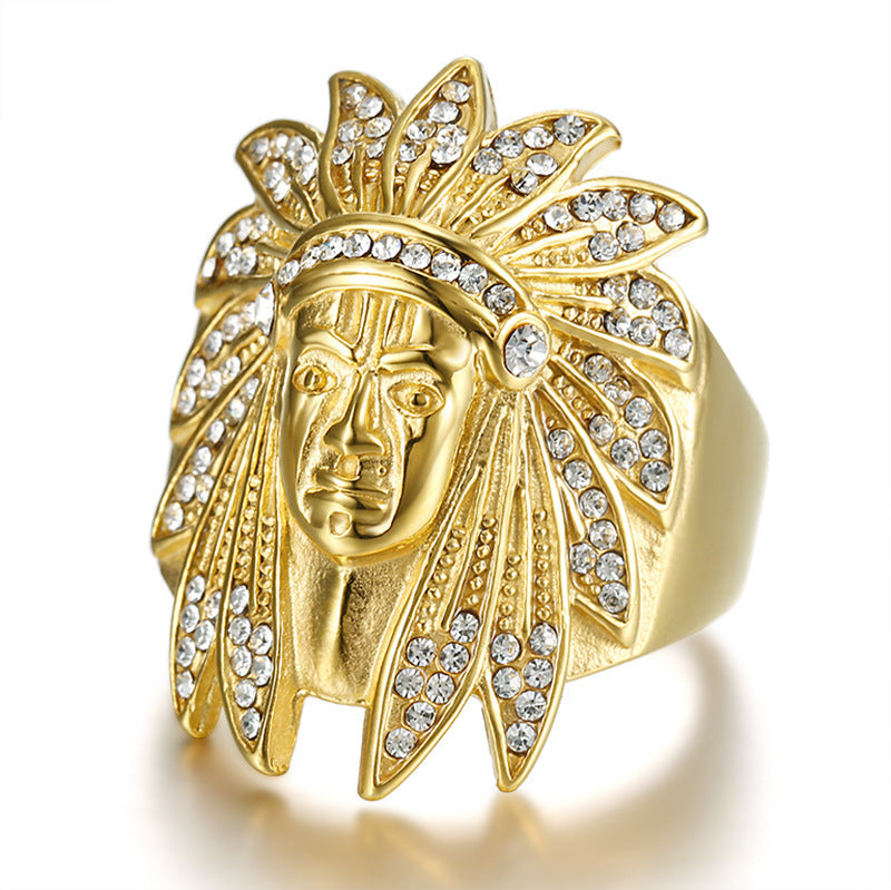 Planderful Collection Hip Hop Ring For Men Titanium Steel Gold Plated Zircon Indian Chief Bold Statement