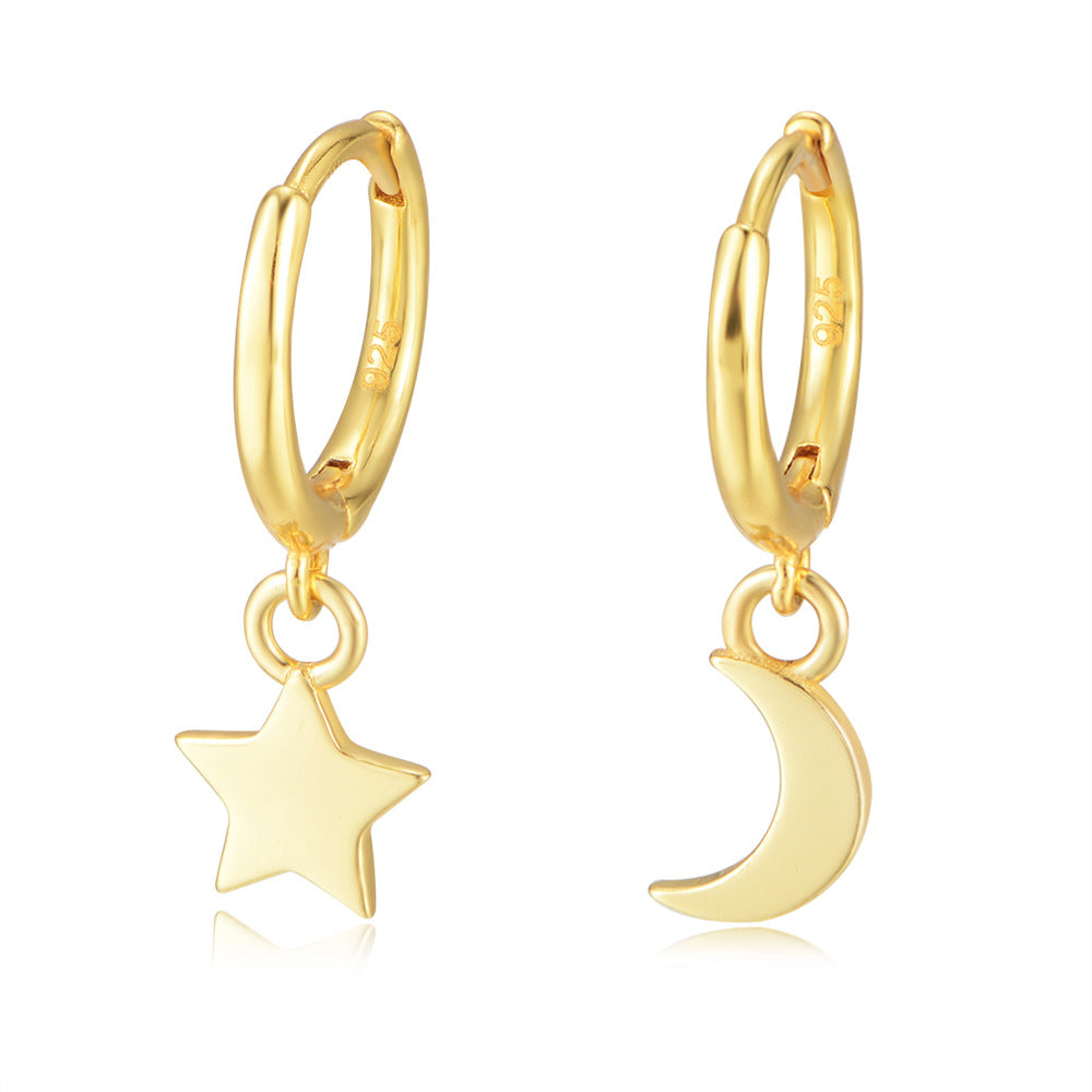 S925 Sterling Silver Star Moon Earrings Asymmetrical Gold-Plated Earrings