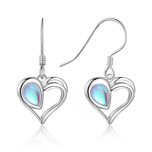 Hollow Heart Pendant Pear Shape Moon Stone Sterling Silver Hook Earrings