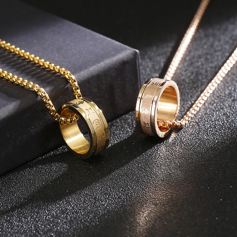 Six-Character Mantra Rotatable Decompression Titanium Steel Ring Creative Stainless Steel Ring Men's Necklace