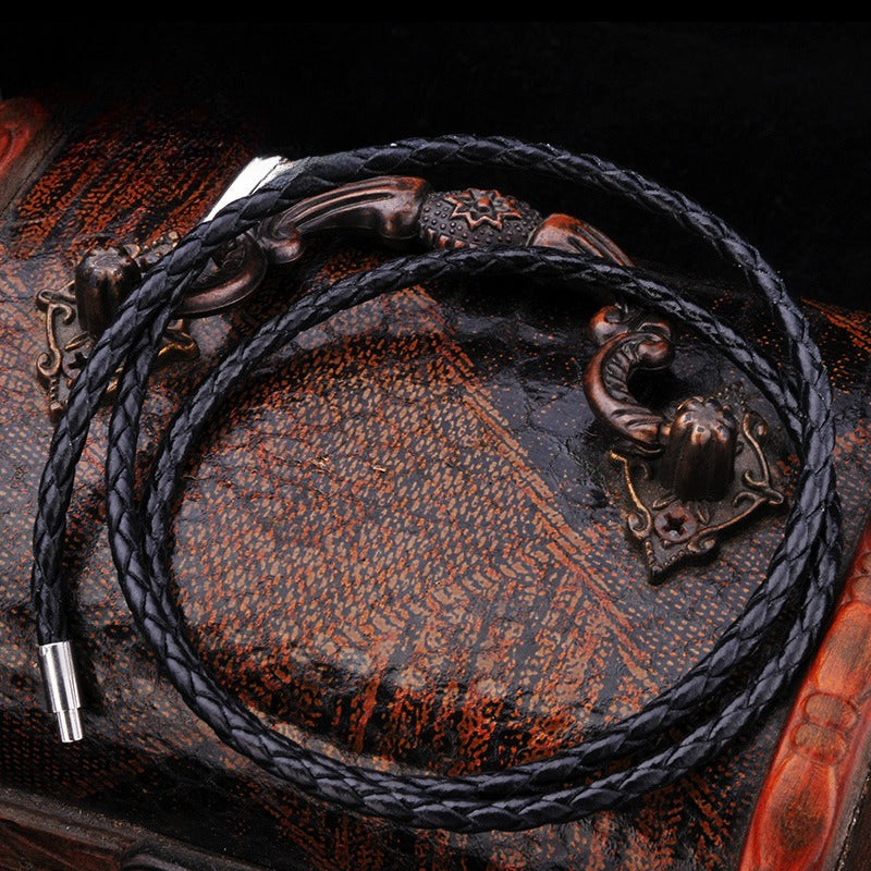 Version Of – Stainless Steel Spiral Buckle Leather Necklace – Men's Cowhide Rope