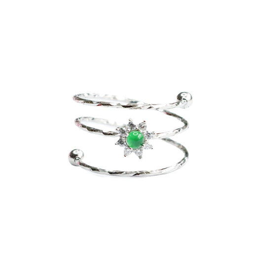 Sterling Silver Adjustable Ice Green Jade Sun Ring