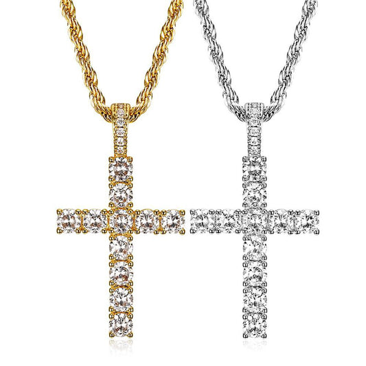 Zircon Necklace - Statement Hip-Hop Cross Gold Plated Steel Pendant Accessory For Everyday Glam