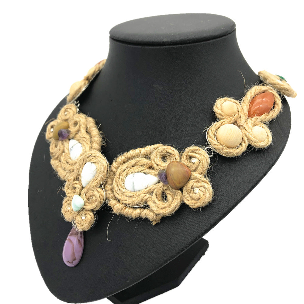 Handcrafted Hemp Rope Necklace with Floral Gem Pendant