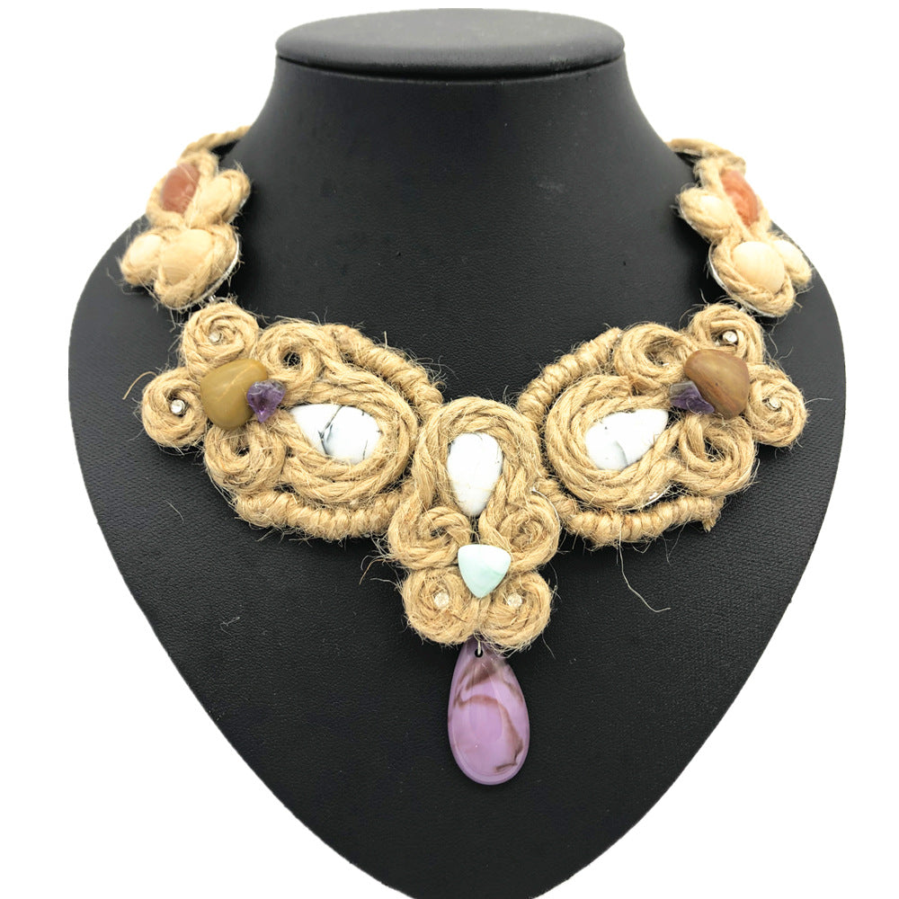 Handcrafted Hemp Rope Necklace with Floral Gem Pendant