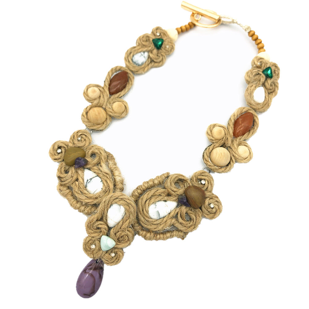 Handcrafted Hemp Rope Necklace with Floral Gem Pendant