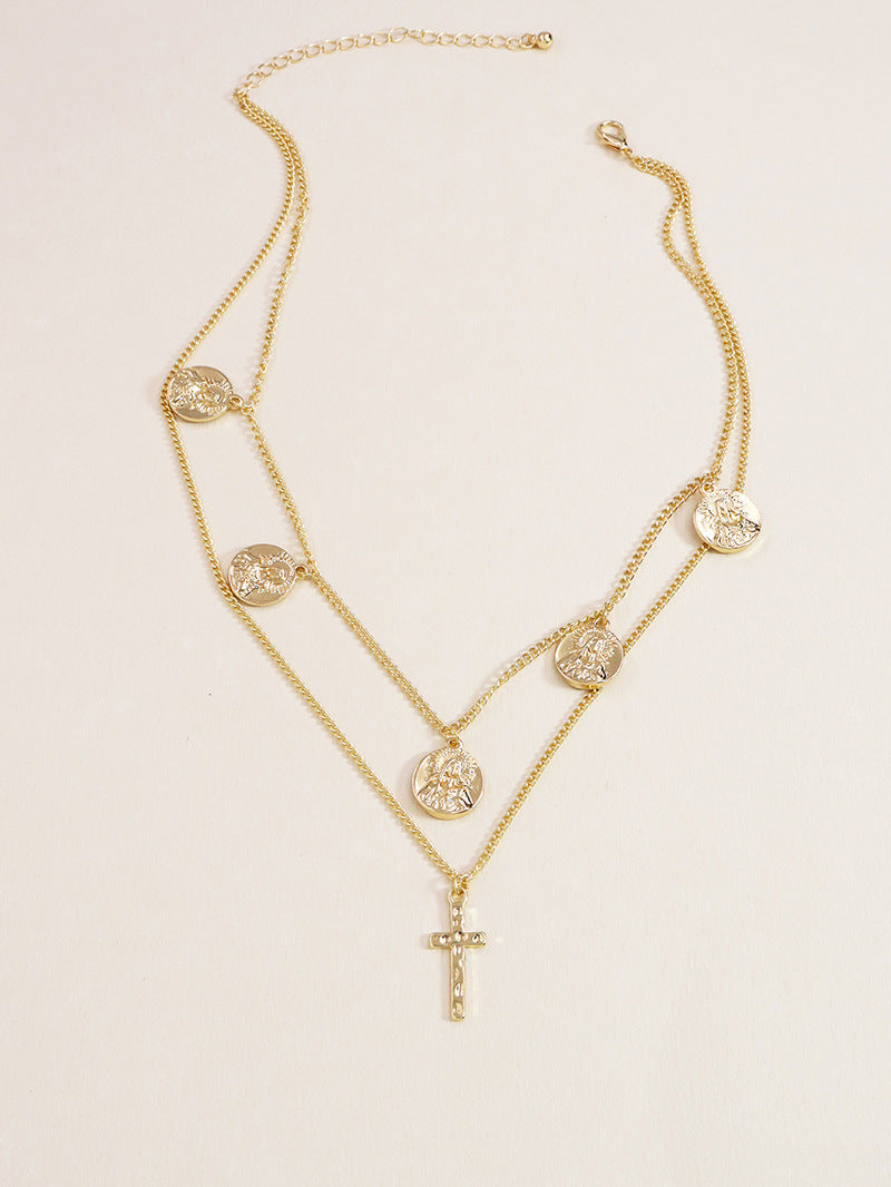 Vintage Cross Coin Pendant Necklace with Golden Chains for Women