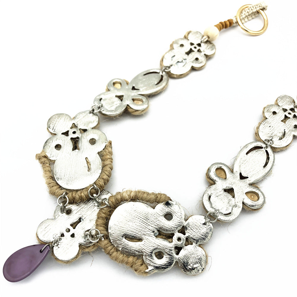 Handcrafted Hemp Rope Necklace with Floral Gem Pendant