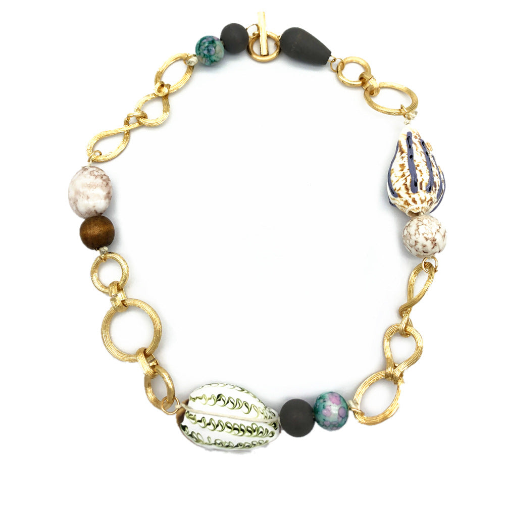 Purple Shell Simple Conch Necklace with Natural Stone Beads for Women