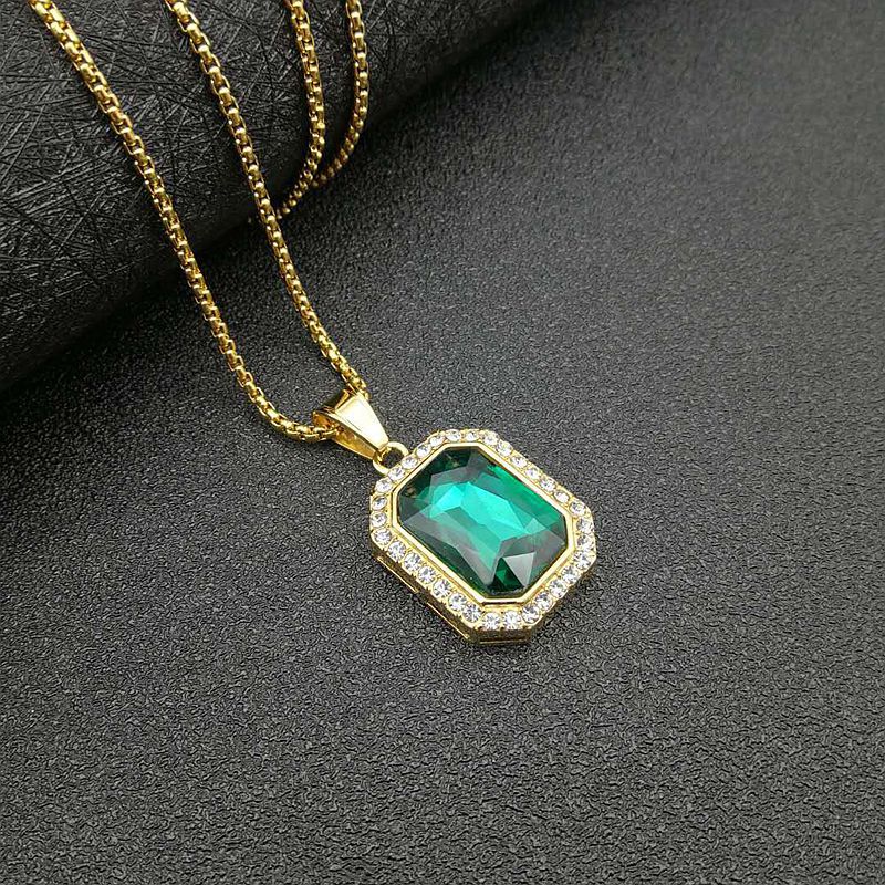 Planderful Hip Hop Necklace Gold Plated Titanium Steel Rectangular Zircon Pendant For Men And Women