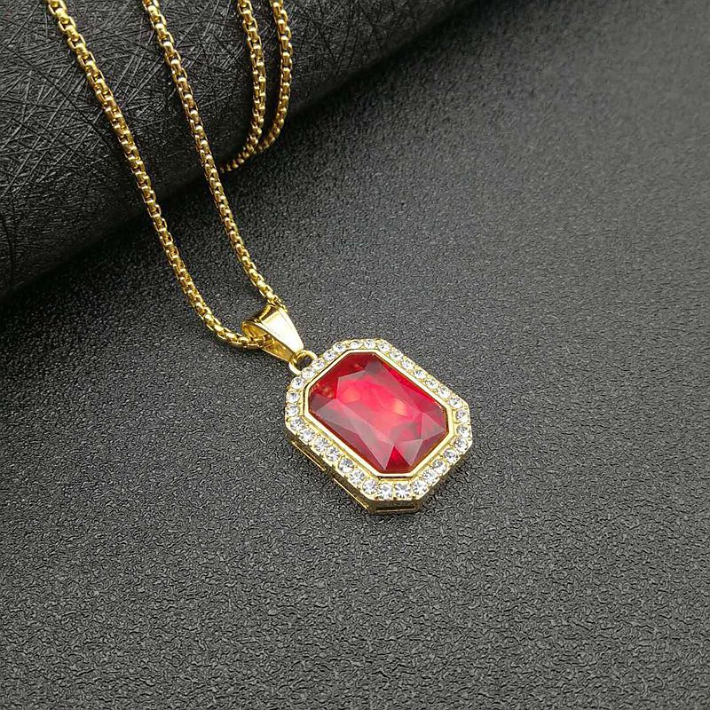 Planderful Hip Hop Necklace Gold Plated Titanium Steel Rectangular Zircon Pendant For Men And Women