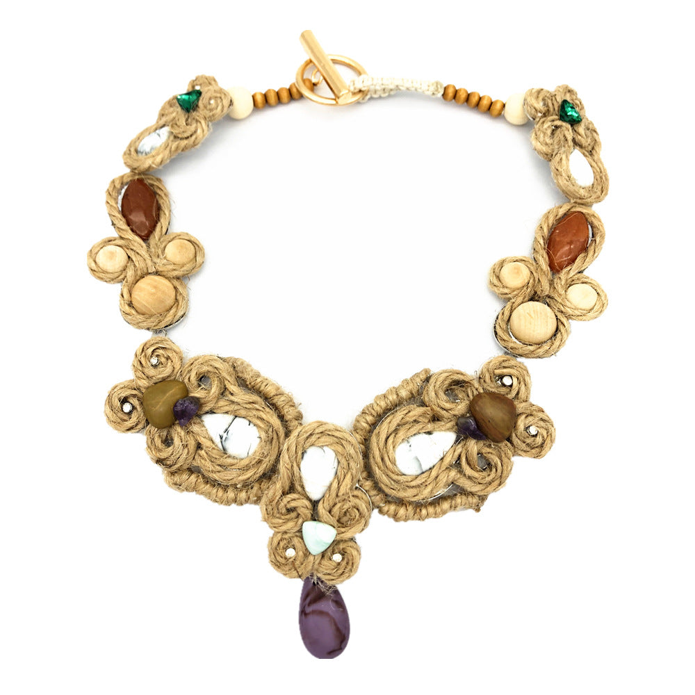 Handcrafted Hemp Rope Necklace with Floral Gem Pendant