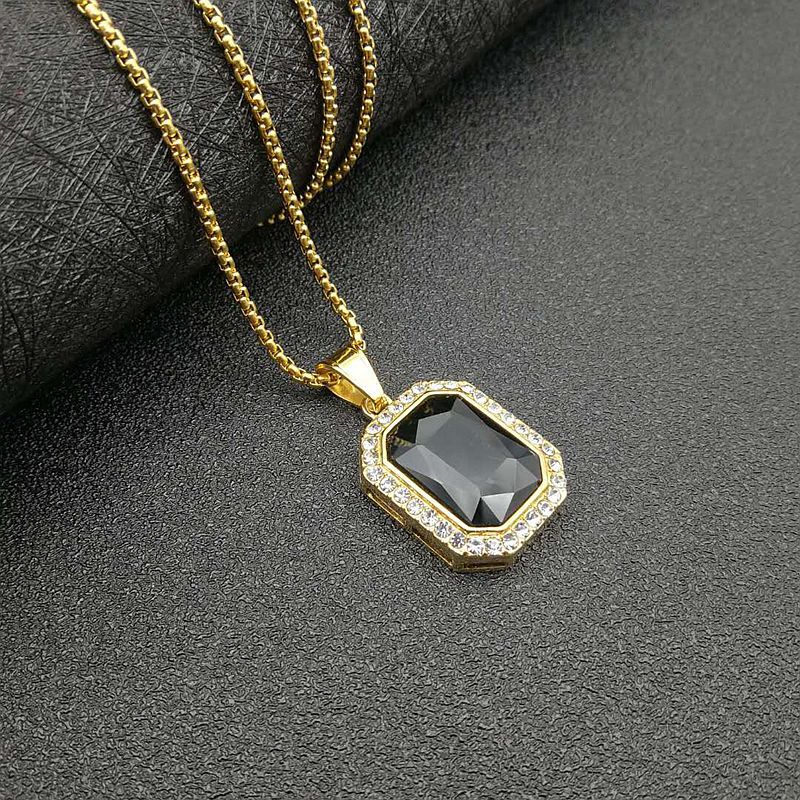 Planderful Hip Hop Necklace Gold Plated Titanium Steel Rectangular Zircon Pendant For Men And Women