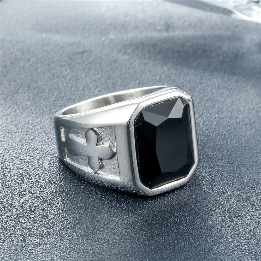 Planderful Punk Cross Titanium Ring Unisex Zircon Shield