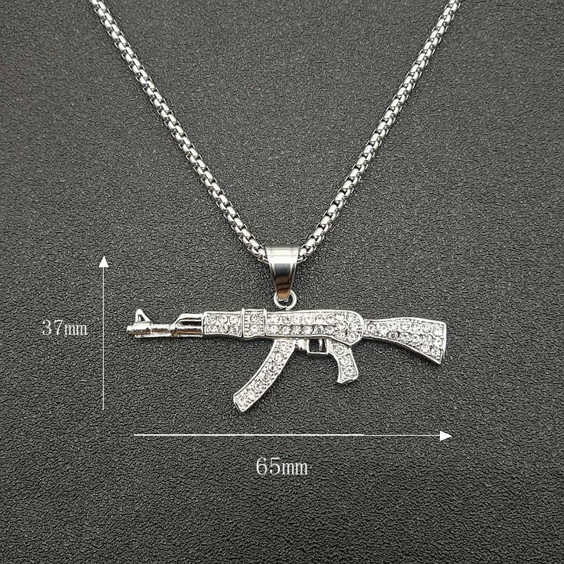 Planderful Hip Hop Jewelry AK47 Pendant Necklace Gold Plated Titanium Steel Rhinestones For Urban Fashion Fans