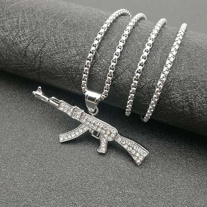 Planderful Hip Hop Jewelry AK47 Pendant Necklace Gold Plated Titanium Steel Rhinestones For Urban Fashion Fans