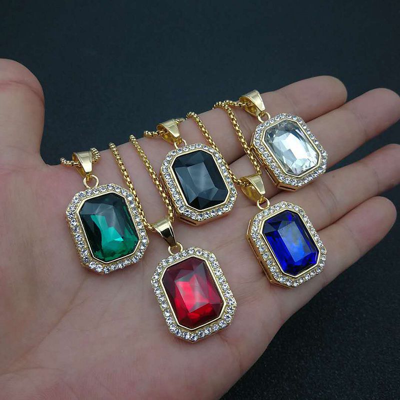 Planderful Hip Hop Necklace Gold Plated Titanium Steel Rectangular Zircon Pendant For Men And Women