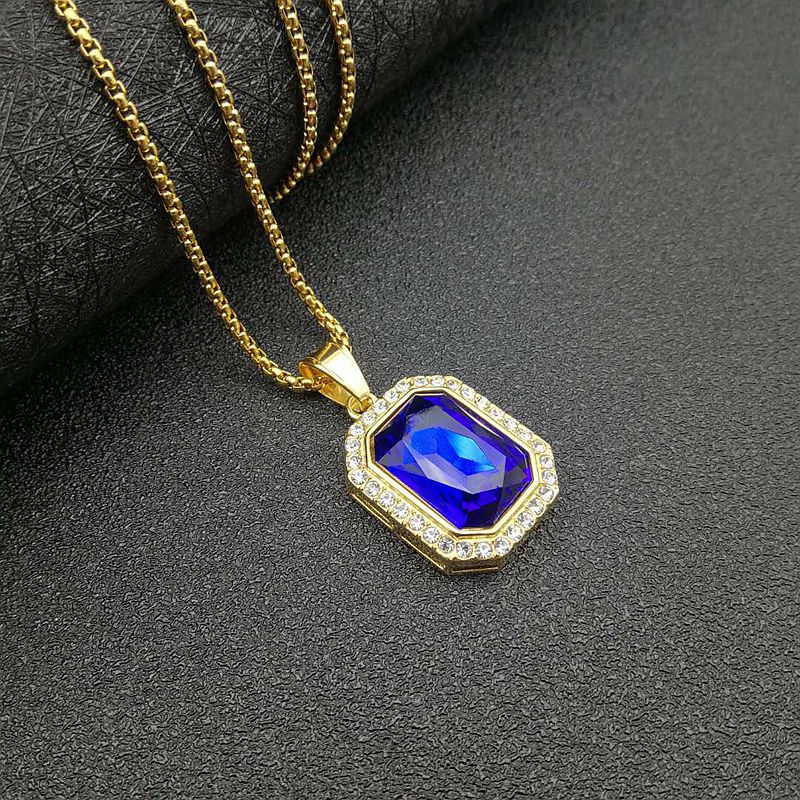 Planderful Hip Hop Necklace Gold Plated Titanium Steel Rectangular Zircon Pendant For Men And Women