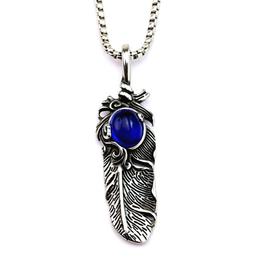 Planderful Pendant For Him European Retro Style Stainless Steel Feather Inlaid Stone Necklace