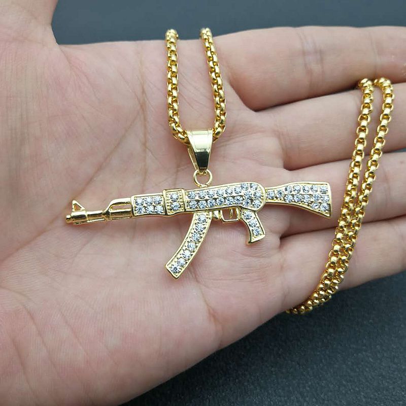 Planderful Hip Hop Jewelry AK47 Pendant Necklace Gold Plated Titanium Steel Rhinestones For Urban Fashion Fans