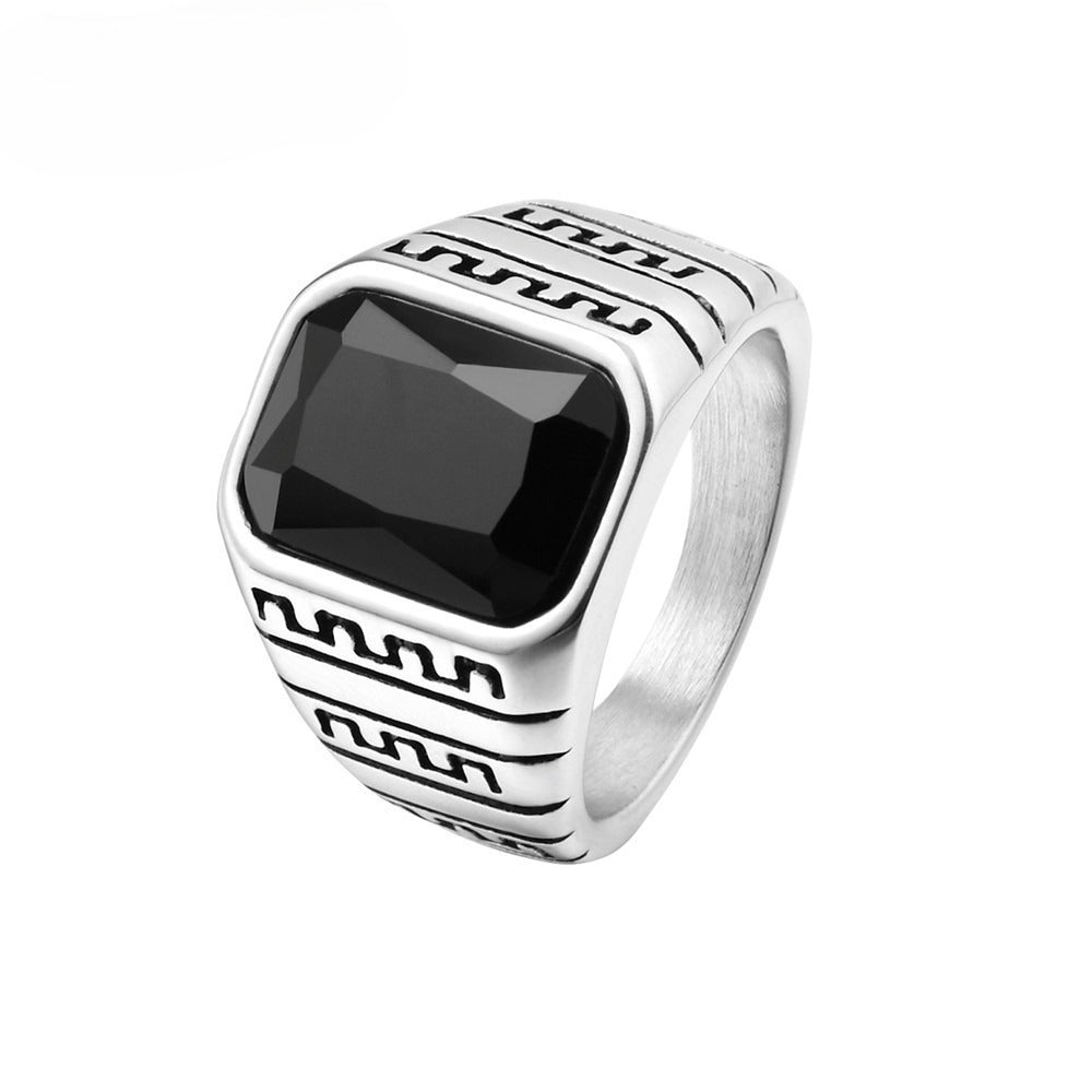 Planderful Titanium Steel Ring With Black Agate Great Wall Pattern Unisex Statement Jewelry Bold Protection