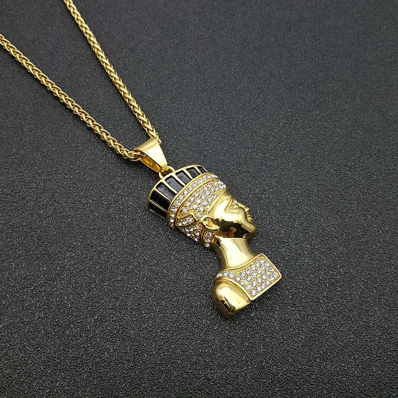 Planderful Hip Hop Jewelry Titanium Steel Gold Plated Rhinestone Egyptian Pharaoh Pendant Necklace For Streetwear Lovers